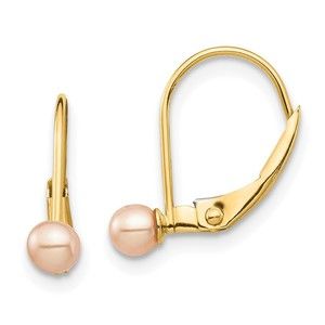 14k Yellow Gold  Childrens 3-4mm Pink Round FW Cultured Pearl Leverback Earrings